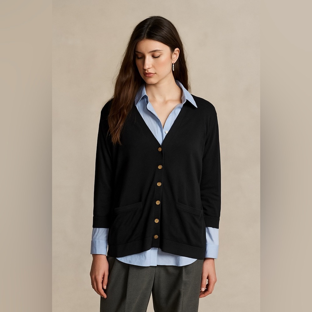 NWT Lauren Ralph Lauren Black Cardigan XL Quiet Luxury Old Money Heritage Spring